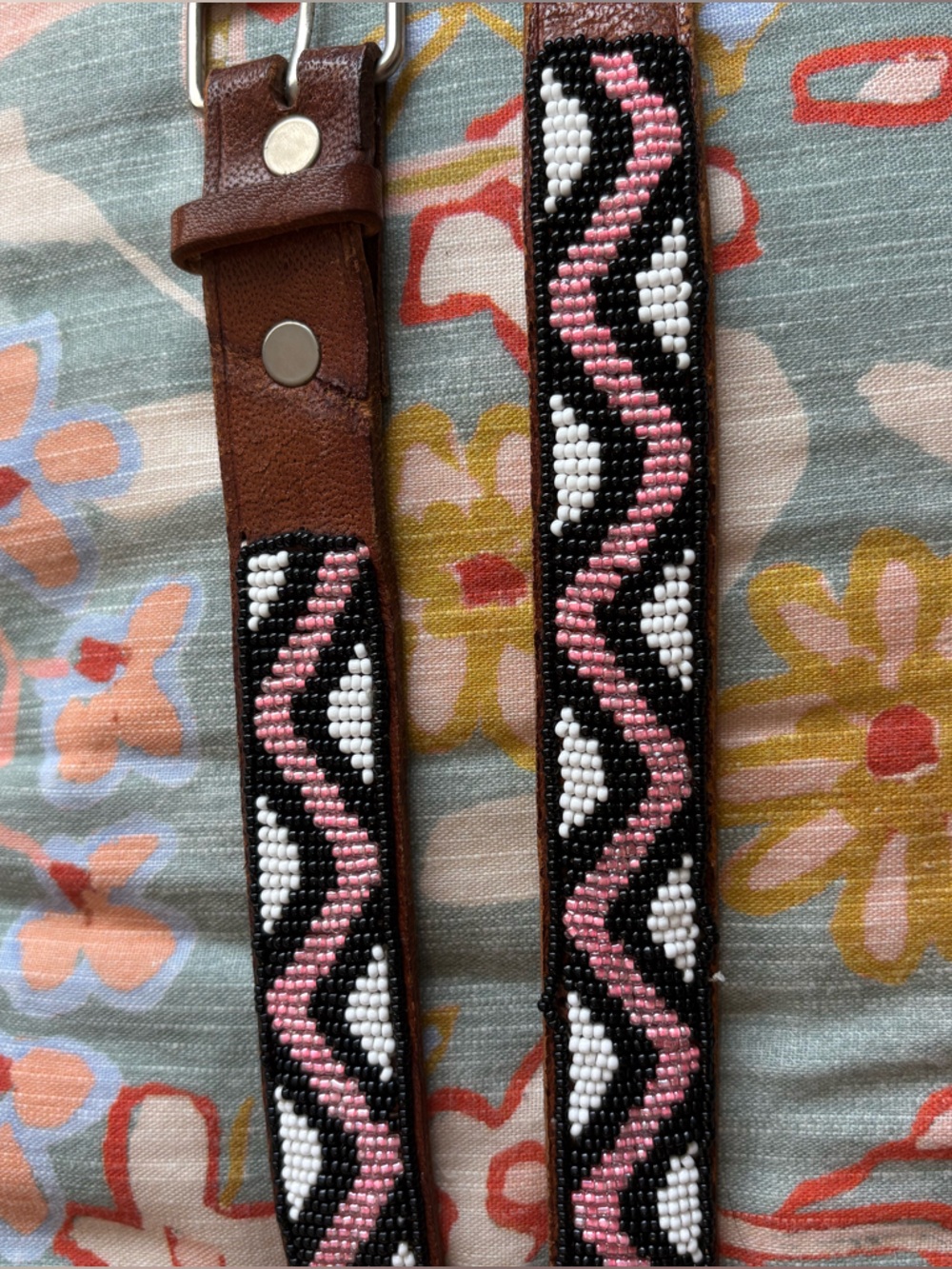 🤯Vintage Beaded Leather Belt – Pink, Black & White Western Boho L/XL